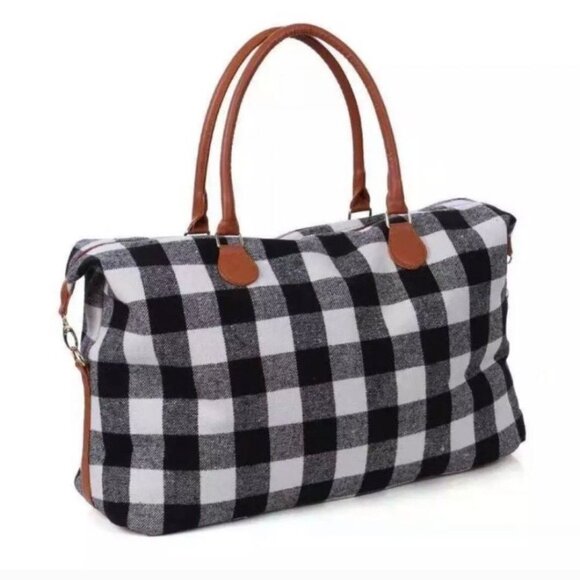Black & White Buffalo Plaid Weekender Bag With Faux Leather Handles & Adjustable - Picture 4 of 7